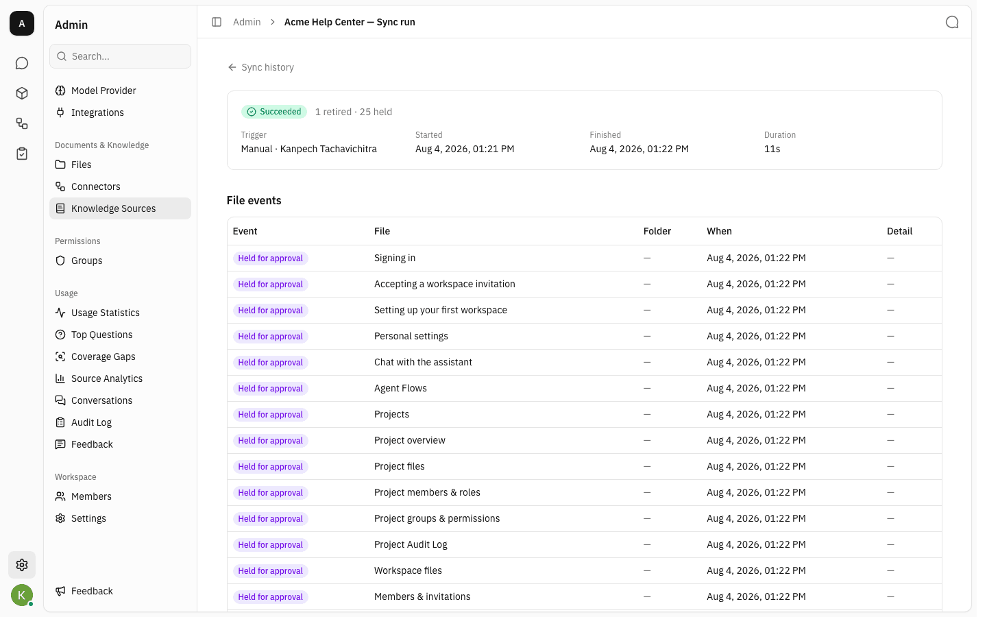 A run detail page listing twenty-five documents held for approval