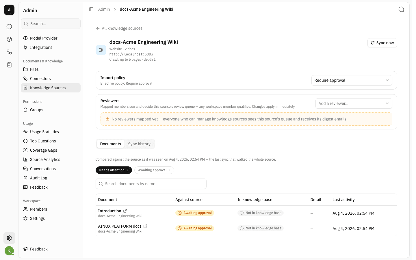 The source settings page with import policy, reviewers and the Documents tab