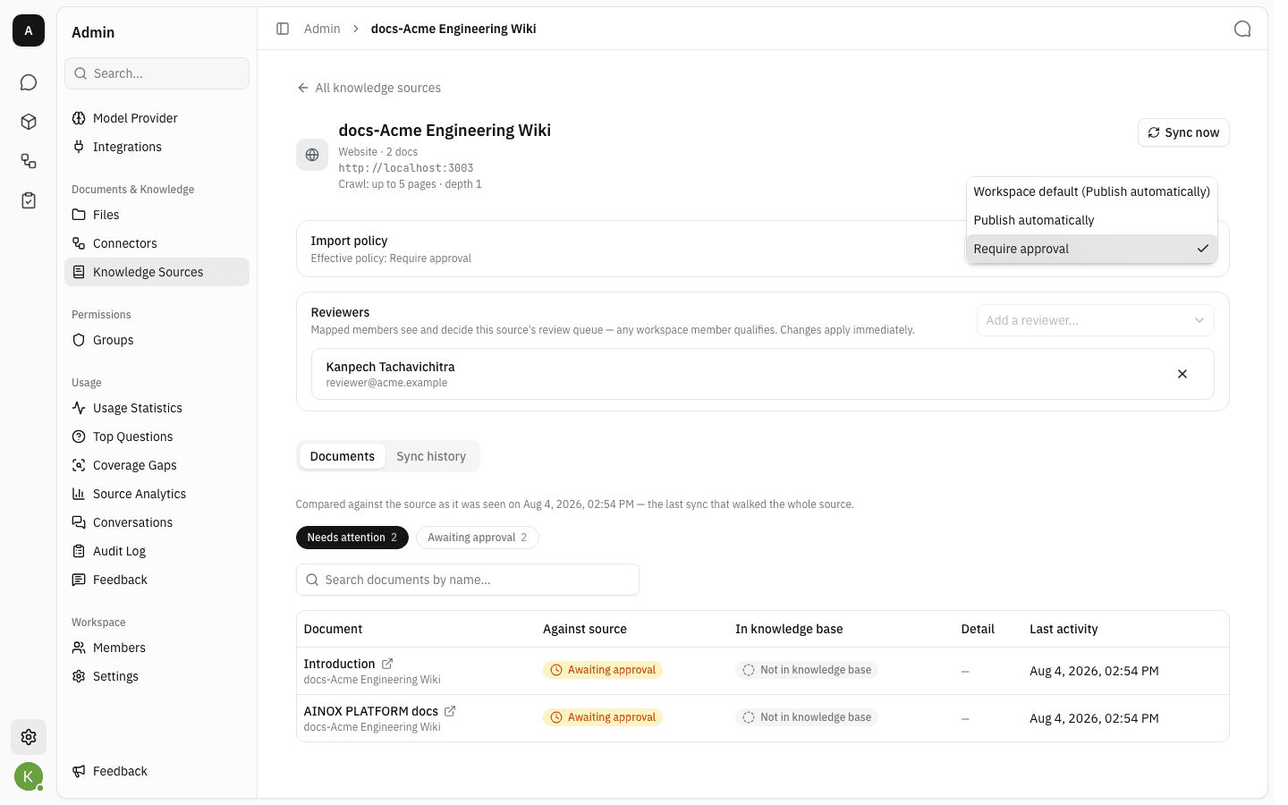 The per-source import policy options on the settings page