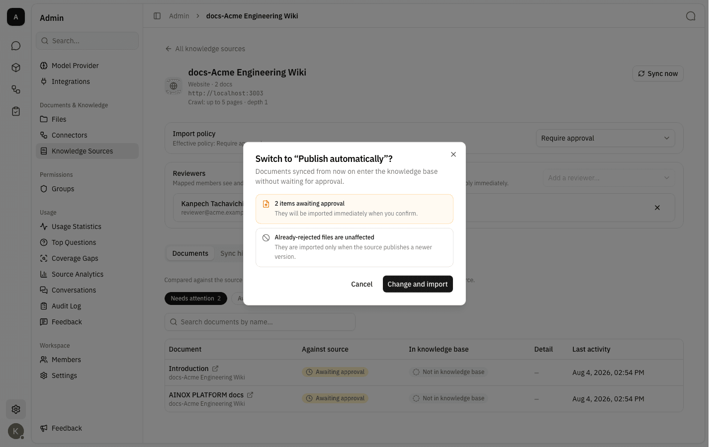 The confirmation dialog before switching to Publish automatically
