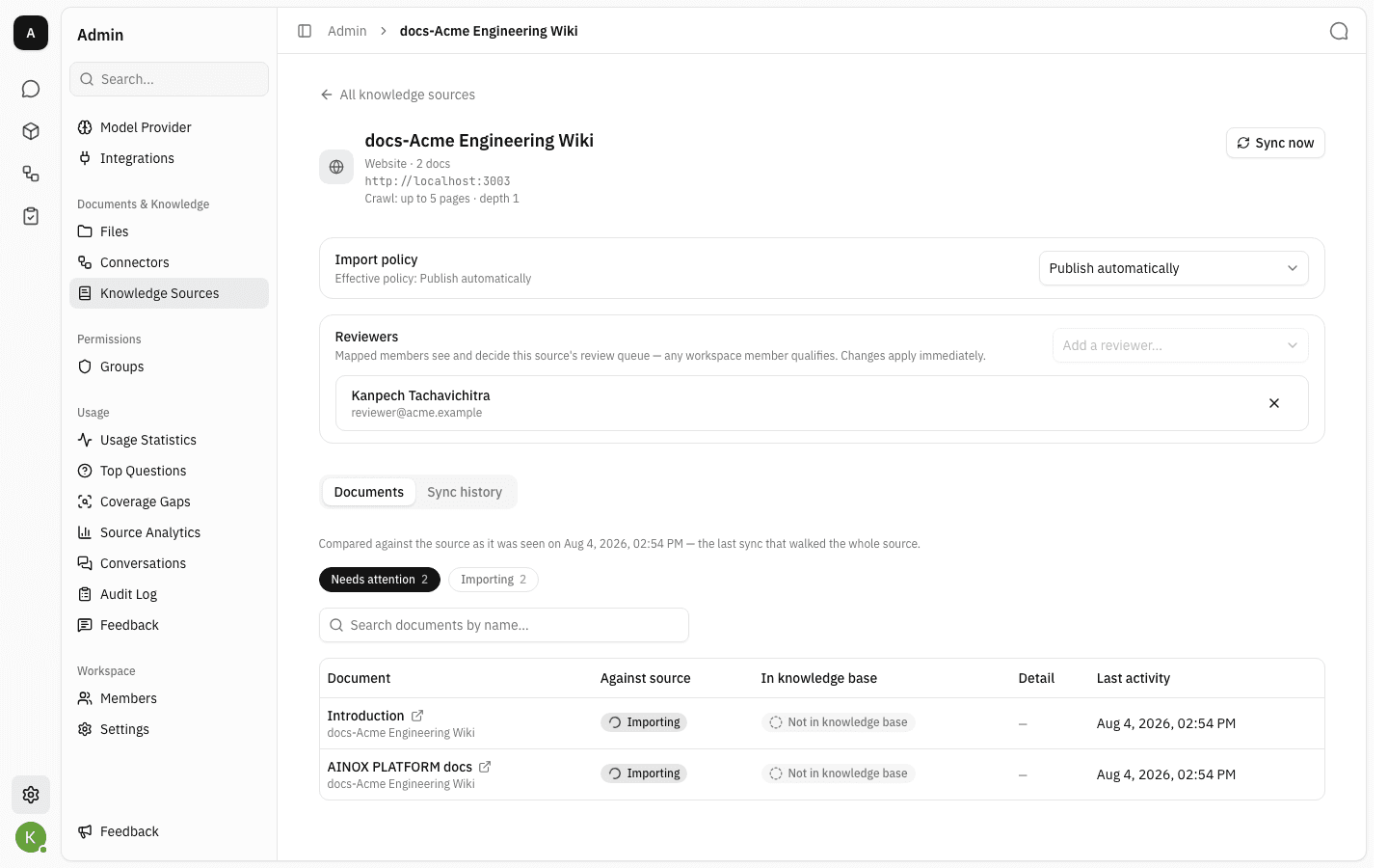 The settings page after the import policy changed to Publish automatically