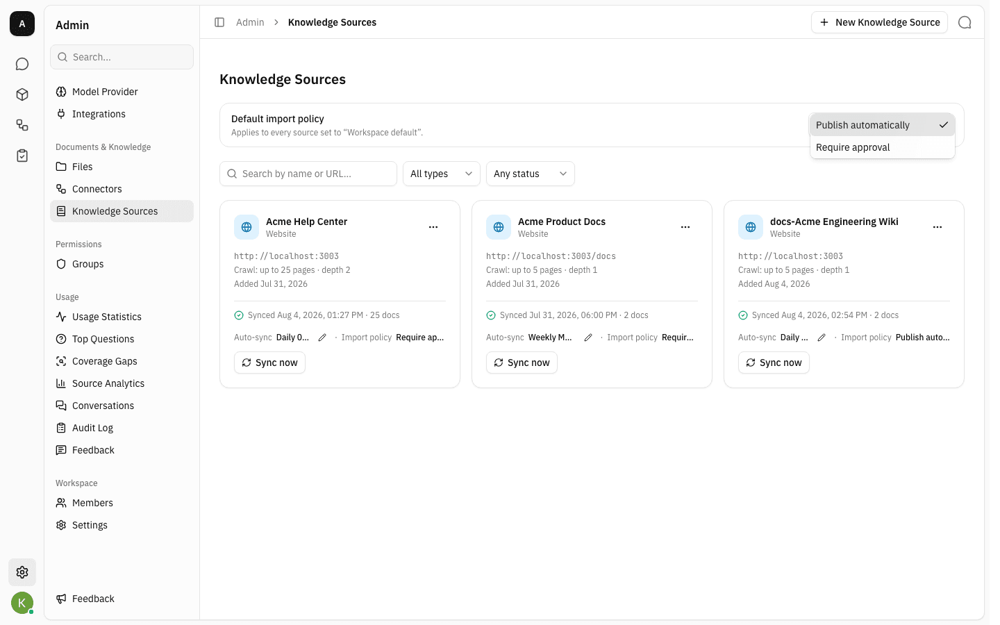 The workspace default import policy options