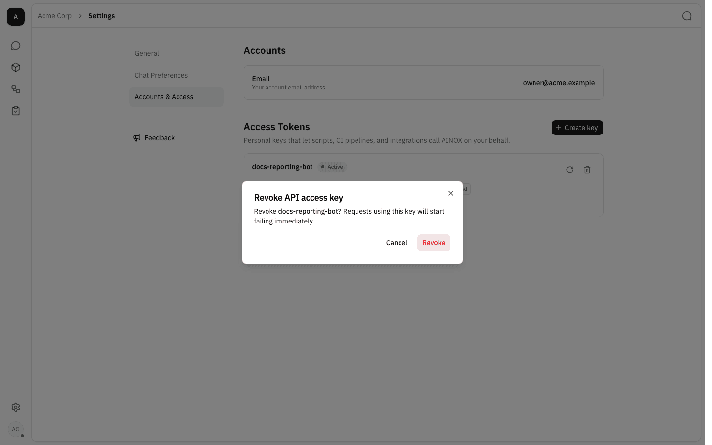 Revoke API access key confirmation dialog