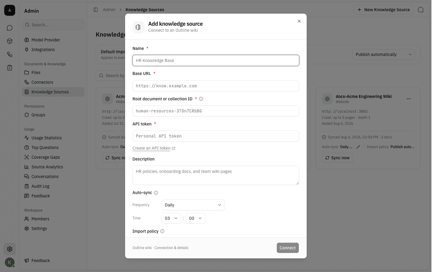 The Add knowledge source form for an Outline wiki