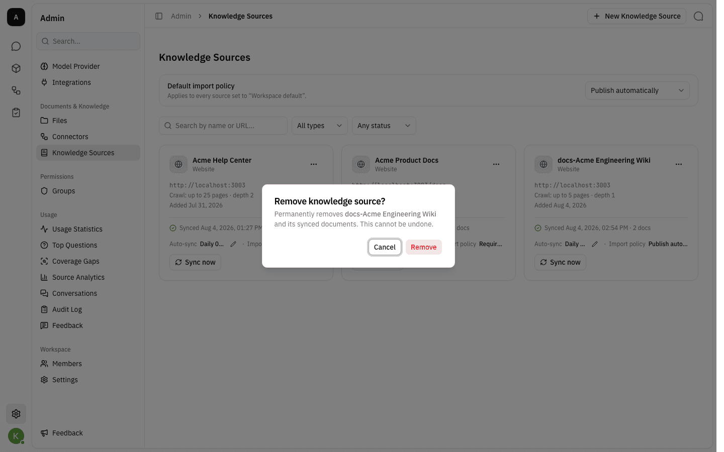 The Remove knowledge source confirmation dialog