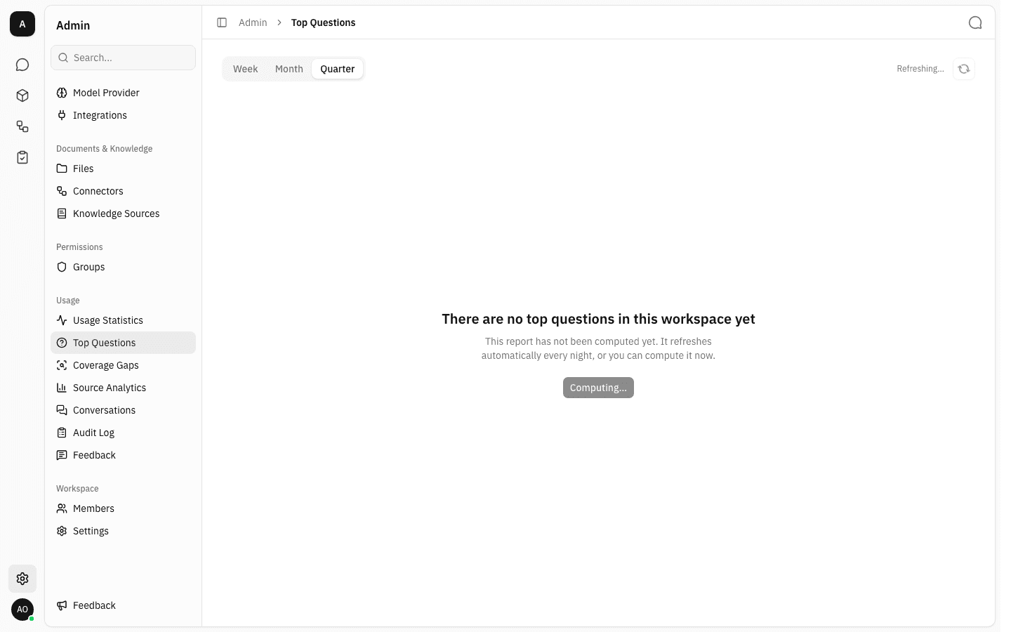 The Top Questions page mid-computation, with the caption "Refreshing…" and the button reading "Computing…" in a disabled state