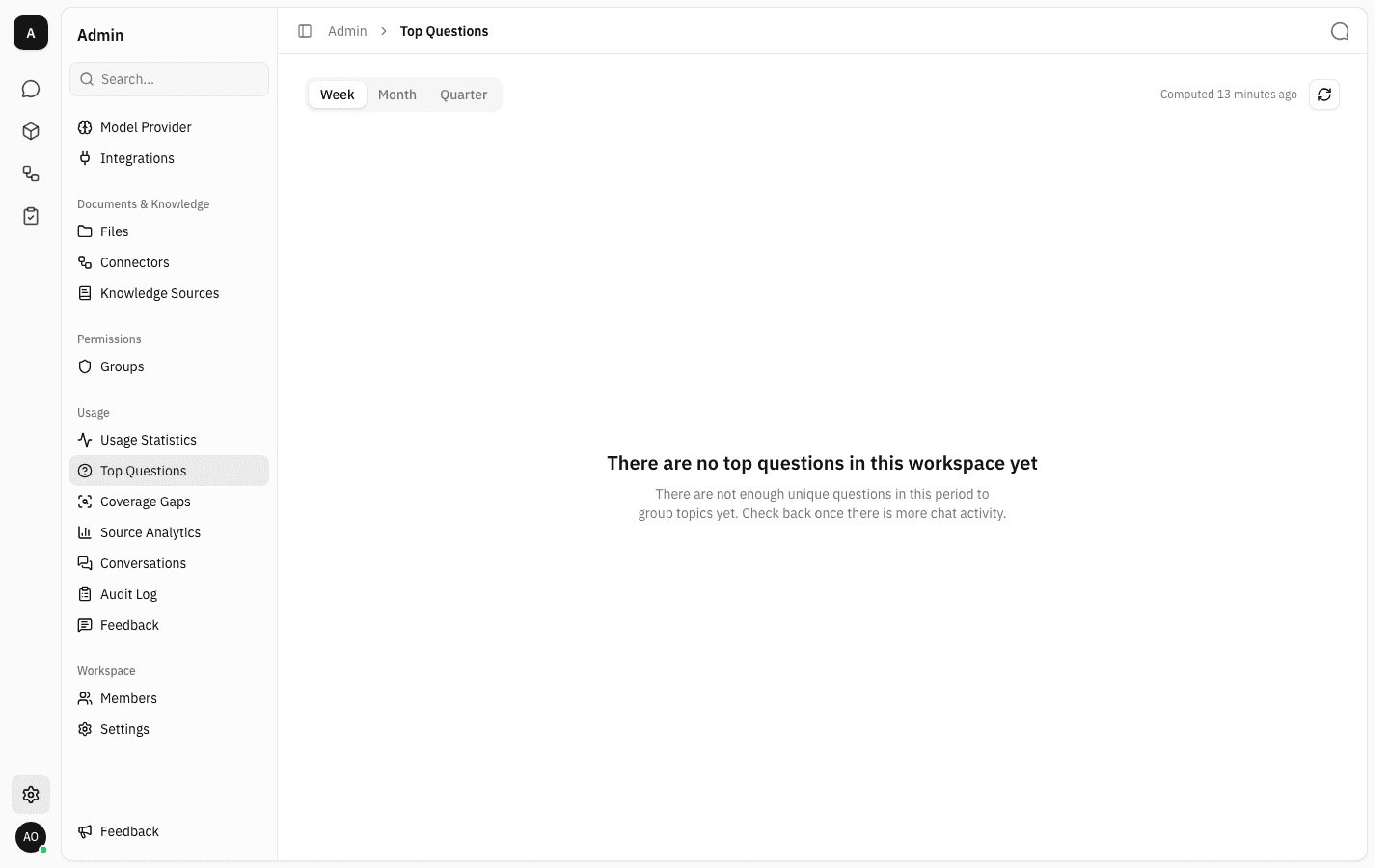 The Week tab reporting "There are not enough unique questions in this period to group topics yet", with the caption "Computed 13 minutes ago"